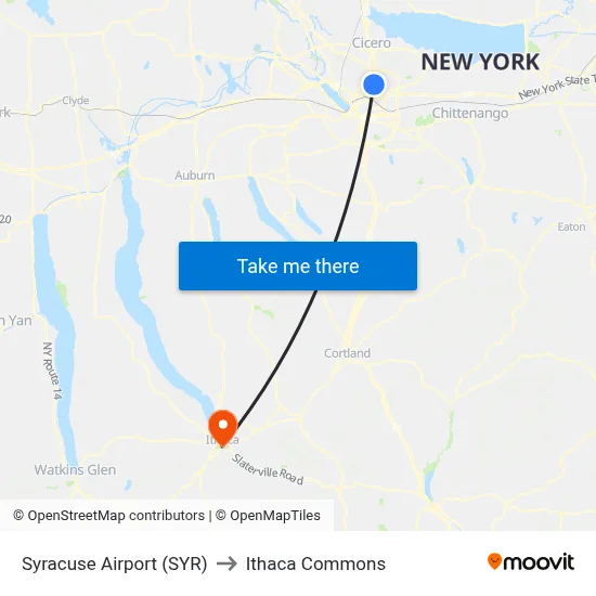 Syracuse Airport (SYR) to Ithaca Commons map