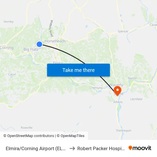 Elmira/Corning Airport (ELM) to Robert Packer Hospital map