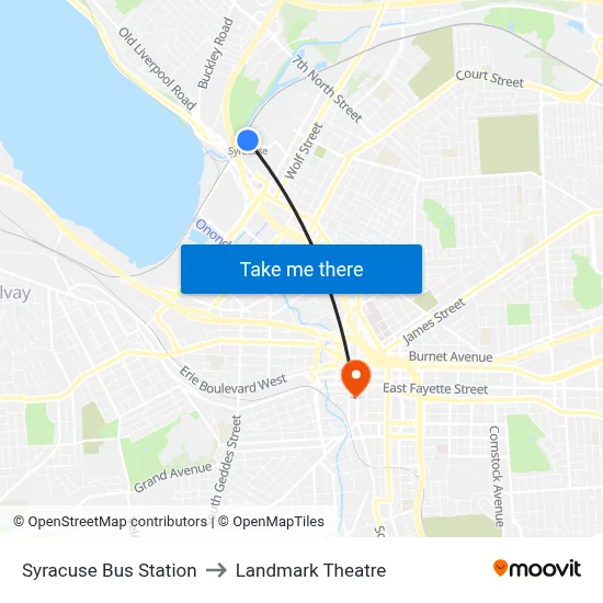 Syracuse Bus Station to Landmark Theatre map