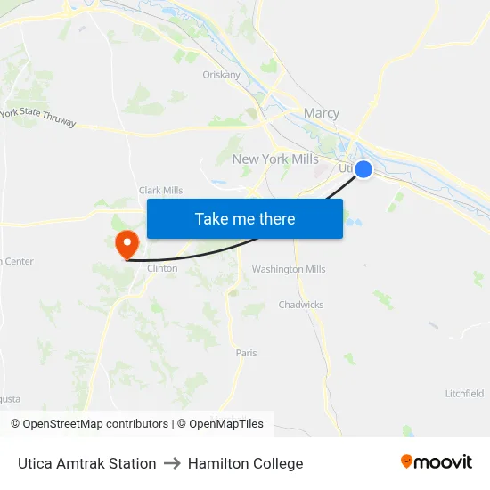 Utica Amtrak Station to Hamilton College map