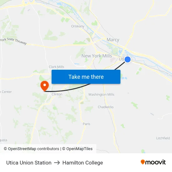 Utica Union Station to Hamilton College map
