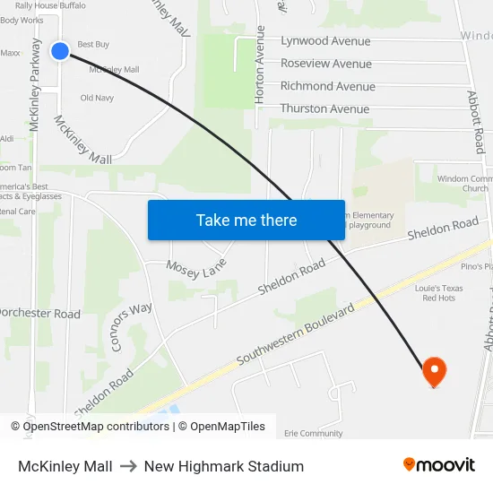 McKinley Mall to New Highmark Stadium map