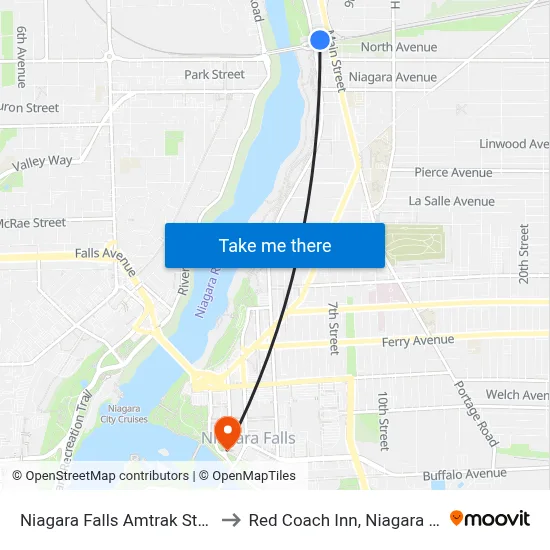 Niagara Falls Amtrak Station to Red Coach Inn, Niagara Falls map
