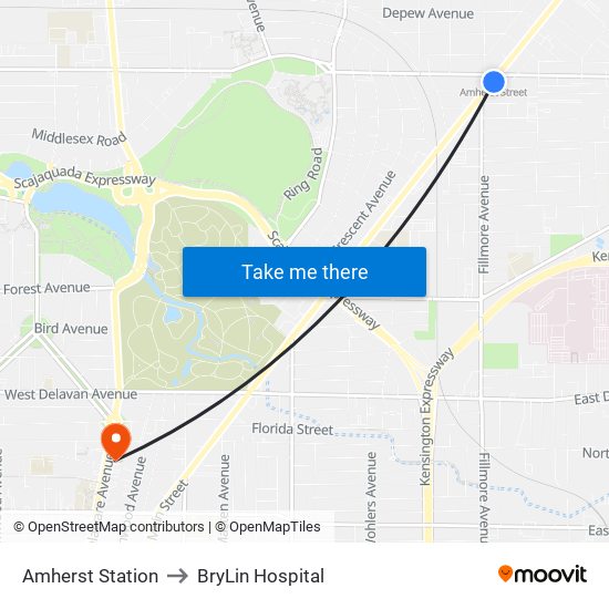 Amherst Station to BryLin Hospital map