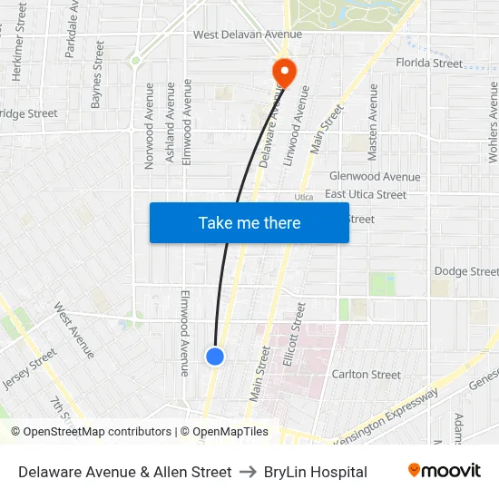 Delaware Avenue & Allen Street to BryLin Hospital map