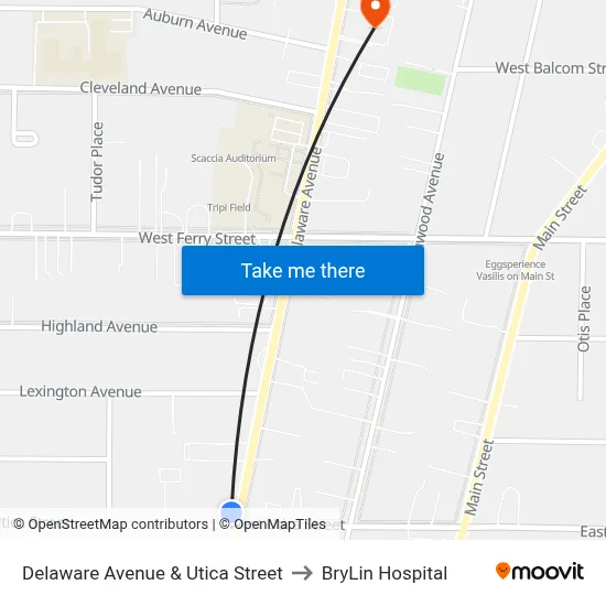 Delaware Avenue & Utica Street to BryLin Hospital map