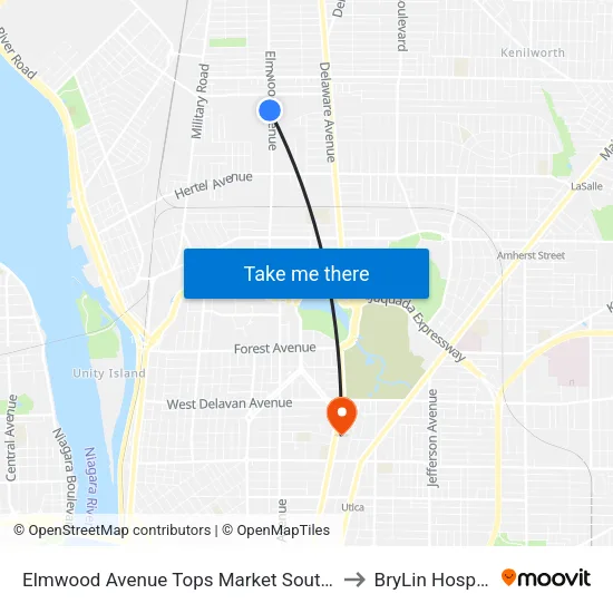 Elmwood Avenue & Tops Market to BryLin Hospital map