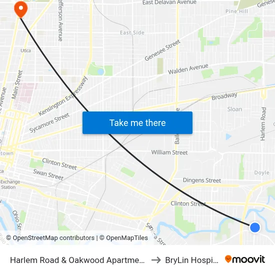 Harlem Road & Oakwood Apartments to BryLin Hospital map
