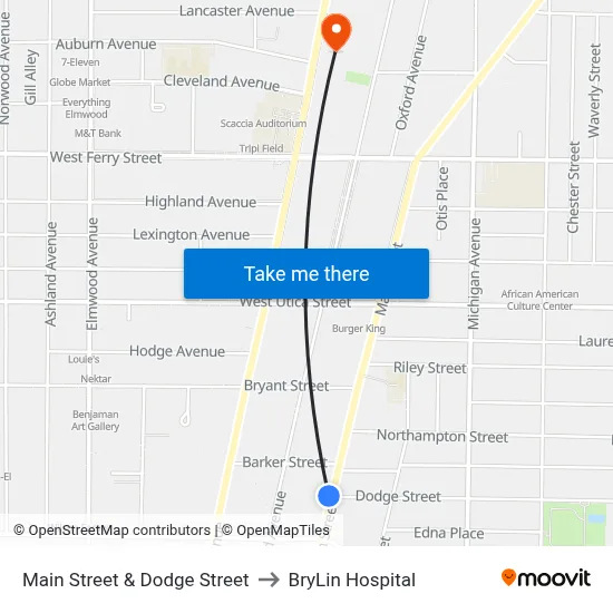 Main Street & Dodge Street to BryLin Hospital map