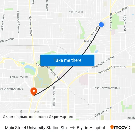 Main Street University Station Stat to BryLin Hospital map