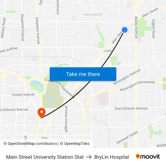 Main Street University Station Stat to BryLin Hospital map