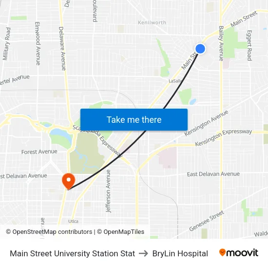 Main Street University Station Stat to BryLin Hospital map