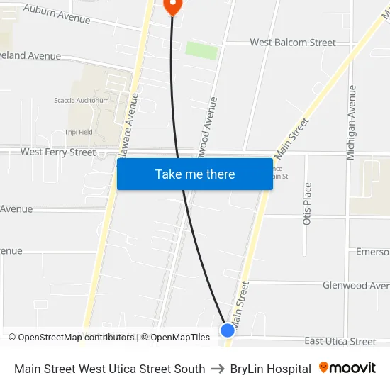 Main Street & West Utica Street to BryLin Hospital map