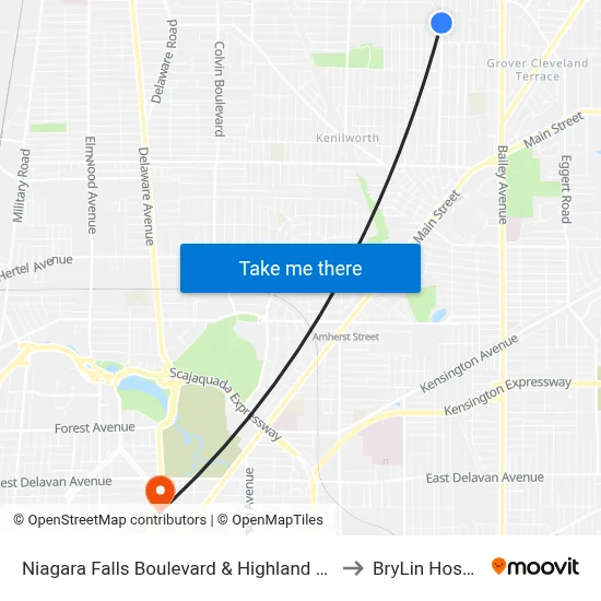 Niagara Falls Boulevard & Highland Avenue to BryLin Hospital map