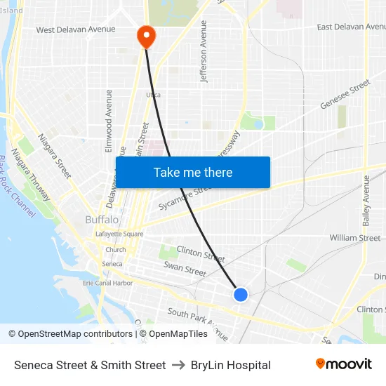 Seneca Street & Smith Street to BryLin Hospital map