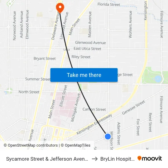 Sycamore Street & Jefferson Avenue to BryLin Hospital map