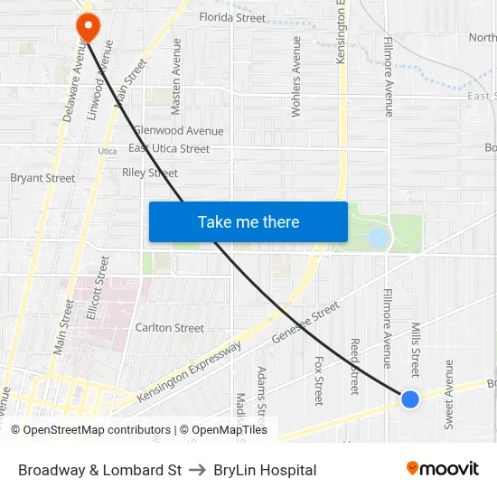 Broadway & Lombard St to BryLin Hospital map