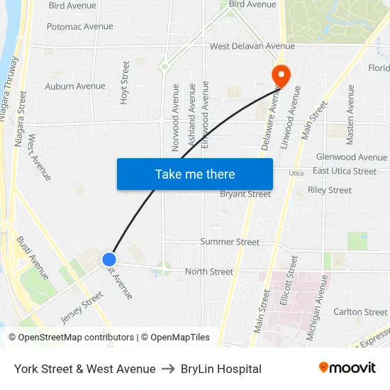 York Street & West Avenue to BryLin Hospital map