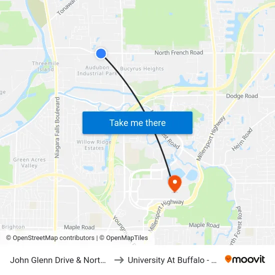 John Glenn Drive & North French Road to University At Buffalo - Alumni Arena map