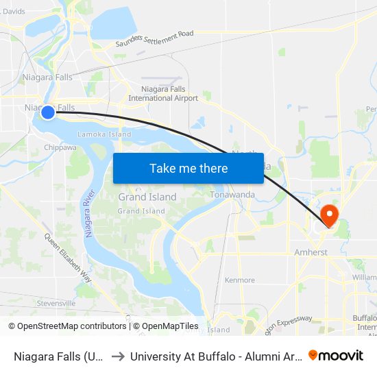 Niagara Falls (Usa) to University At Buffalo - Alumni Arena map