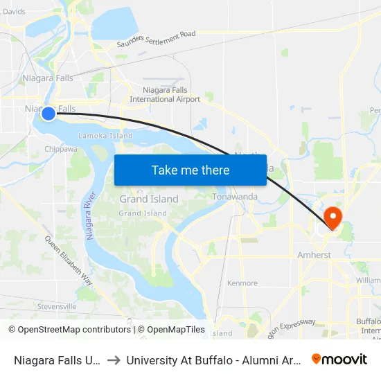 Niagara Falls Usa to University At Buffalo - Alumni Arena map