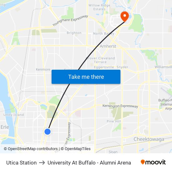 Utica Station to University At Buffalo - Alumni Arena map