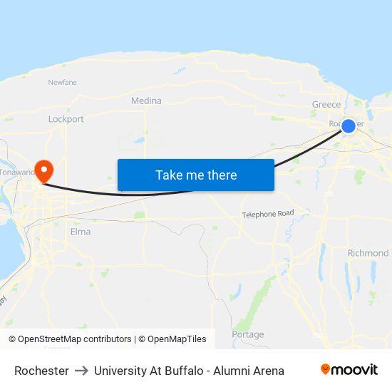 Rochester to University At Buffalo - Alumni Arena map