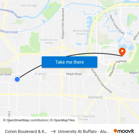 Colvin Boulevard & Kerr Road to University At Buffalo - Alumni Arena map