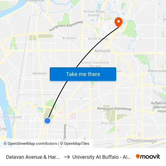Delavan Avenue & Harvard Place to University At Buffalo - Alumni Arena map
