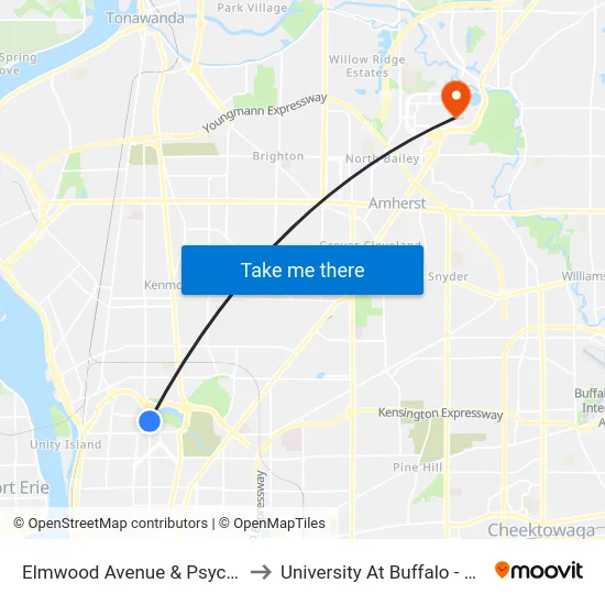 Elmwood Avenue & Psychiatric Center to University At Buffalo - Alumni Arena map