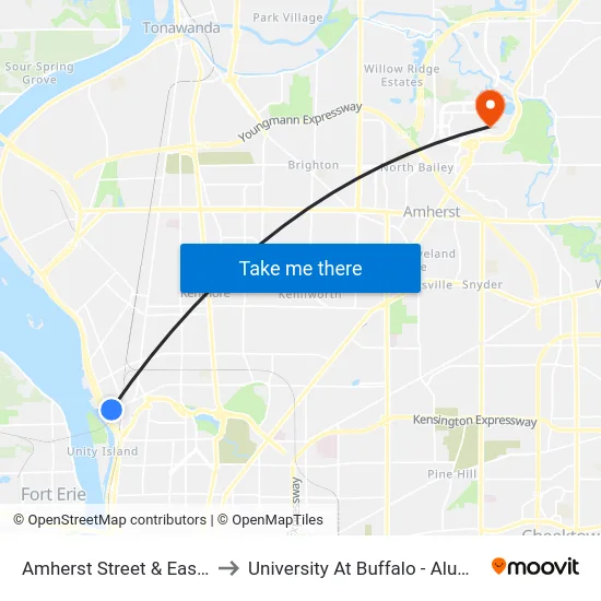 Amherst Street & East Street to University At Buffalo - Alumni Arena map