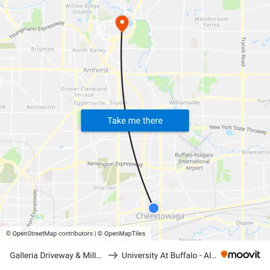 Galleria Driveway & Millenium Hotel to University At Buffalo - Alumni Arena map