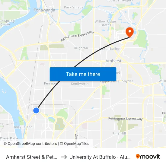 Amherst Street & Peter Street to University At Buffalo - Alumni Arena map