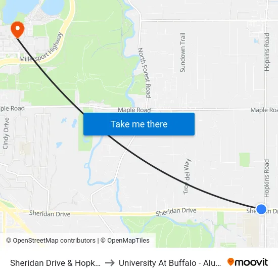 Sheridan Drive & Hopkins Road to University At Buffalo - Alumni Arena map