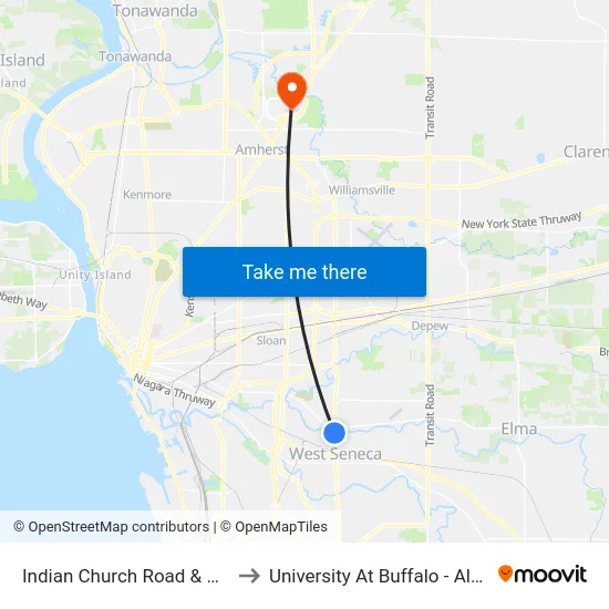 Indian Church Road & Union Road to University At Buffalo - Alumni Arena map