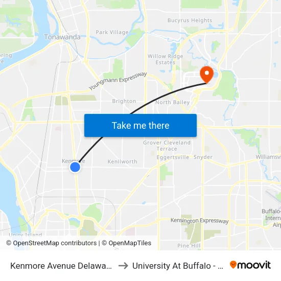 Kenmore Avenue Delaware Avenue East to University At Buffalo - Alumni Arena map