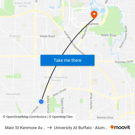 Main St Kenmore Ave East to University At Buffalo - Alumni Arena map