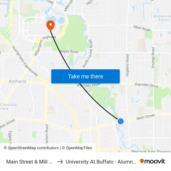 Main Street & Mill Street to University At Buffalo - Alumni Arena map