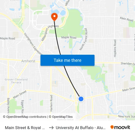 Main Street & Royal Parkway to University At Buffalo - Alumni Arena map