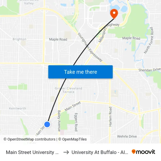 Main Street University Station Stat to University At Buffalo - Alumni Arena map