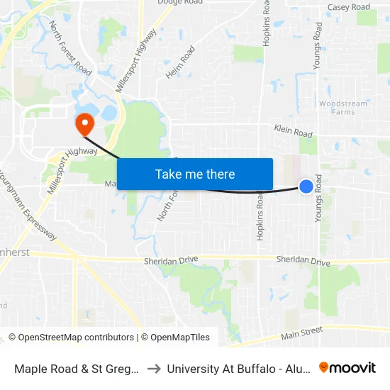 Maple Road & St Gregory Court to University At Buffalo - Alumni Arena map