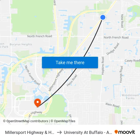 Millersport Highway & Hopkins Road to University At Buffalo - Alumni Arena map