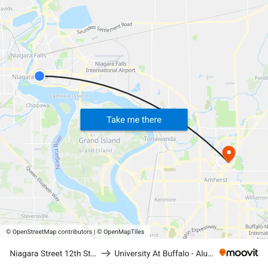 Niagara Street 12th Street East to University At Buffalo - Alumni Arena map