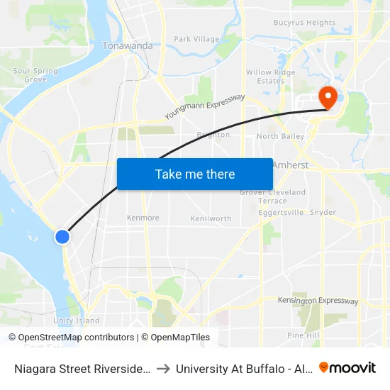 Niagara Street Riverside Park North to University At Buffalo - Alumni Arena map