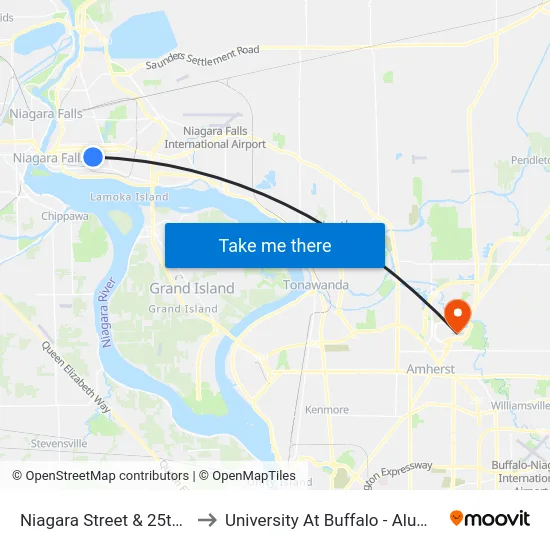 Niagara Street & 25th Street to University At Buffalo - Alumni Arena map