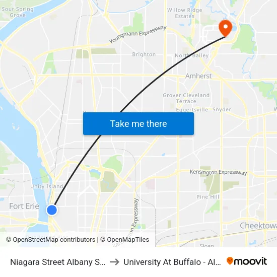 Niagara Street Albany Street North to University At Buffalo - Alumni Arena map