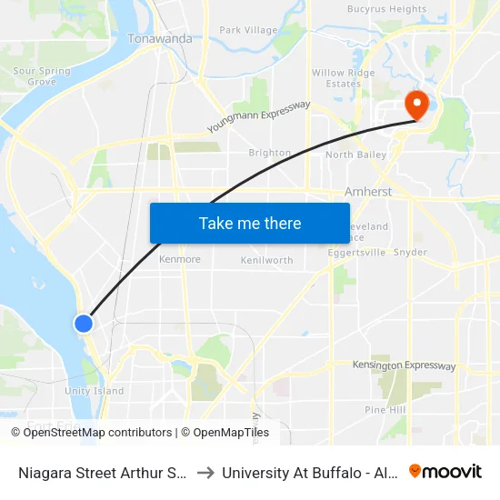 Niagara Street Arthur Street South to University At Buffalo - Alumni Arena map