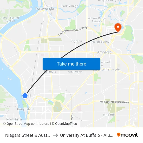 Niagara Street & Austin Street to University At Buffalo - Alumni Arena map