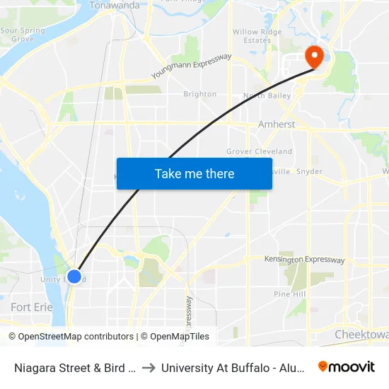 Niagara Street & Bird Avenue to University At Buffalo - Alumni Arena map