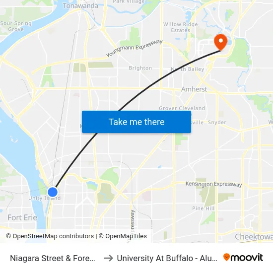 Niagara Street & Forest Avenue to University At Buffalo - Alumni Arena map